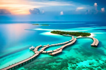 sunset on the beach, beach sunset, Amazing sunset panorama at Maldives. Luxury resort villas seascape with soft led lights under colorful sky. Beautiful twilight sky and colorful clouds. Beautiful sea