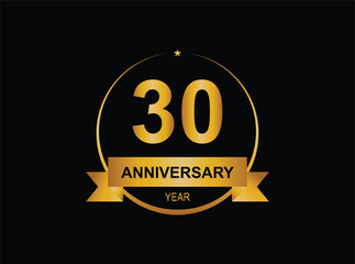 30th golden anniversary logo with ring and ribbon, laurel wreath vector design isolated on black background.