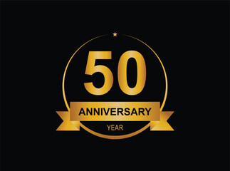 50 year anniversary celebration. Anniversary logo with ring and elegance golden color isolated on black background, vector design for celebration.