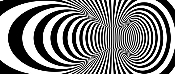 Fototapeta premium Optical illusion background. Hypnotic spinning lines. Black and white tunnel wallpaper. Psychedelic twisted stripes pattern. Rotating spiral knot template for poster, banner, cover. Vector