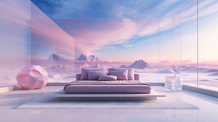 Fantasy world, futuristic fantasy bed with of the sky and pink clouds. A place for relaxation and inspiration, romance on surreal Beautiful Dream land background. Metallic mirror. Generated AI - obrazy, fototapety, plakaty