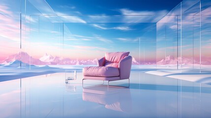 Fantasy world, futuristic fantasy and armchair with of the sky and clouds. A place for relaxation and inspiration, romance on surreal Beautiful Dream land background. Metallic mirror. Generated AI