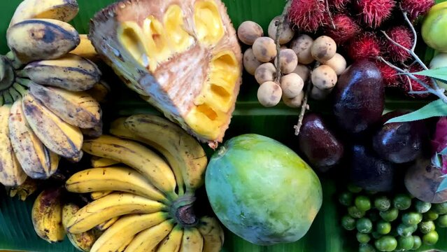 Various fresh tropical fruits lie on a banana leaf. rambutan, lansones, passionfruit, papaya and others 