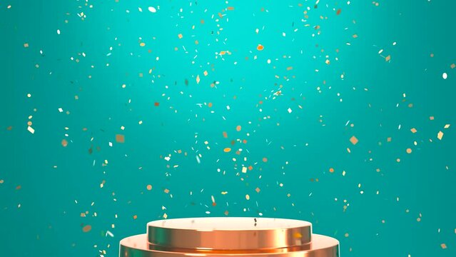 Looping video of Gold podium with gold confetti background, Golden podium display empty mockup