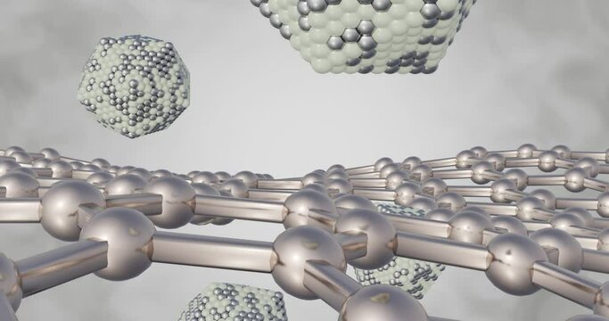 Icosphere nanoparticles trying to enter the graphene sheet 3d rendering	