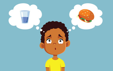 Little Boy Thinking if he is Hungry or Thirsty Vector Cartoon Illustration. Child confusing huger and thirst sensation feeling puzzled
