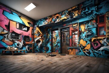 Fototapeta na wymiar an edgy 3D rendering of a home wall transformed into a cinematic urban street art scene. 