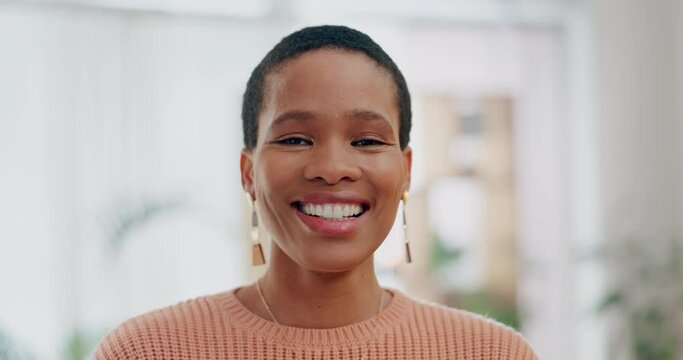 Happy, African woman and face of writer in office, workplace or work in Kenya as a author, reporter or smile of publisher. Journalist, editor or portrait of professional employee in publishing firm
