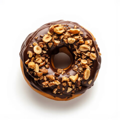 Flying donuts with chocolate glazed, sprinkled nuts and splatters of glaze. Sweet food concept.