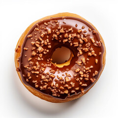 Flying donuts with chocolate glazed, sprinkled nuts and splatters of glaze. Sweet food concept.