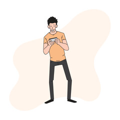 a grown man is playing a game on his cell phone