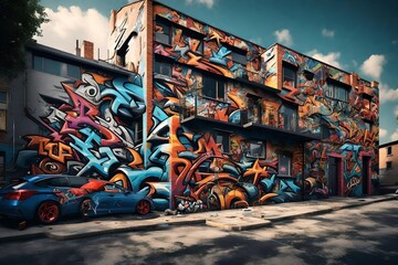 Fototapeta premium an edgy 3D rendering of a home wall transformed into a cinematic urban street art scene.