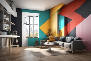 a modern 3D rendering of a home wall transformed into a geometric color block masterpiece.
