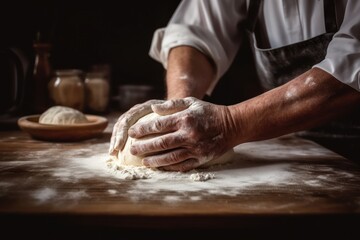 Fototapeta premium A man is kneading dough on a wooden table, created by Generative AI