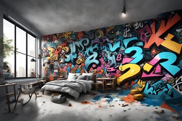  an edgy 3D rendering of a home wall transformed into a cinematic urban street art scene.
