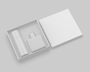 Perfume and deodorant gift set box for branding, 3d illustration.