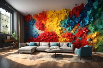  a dynamic 3D rendering of a home wall transformed into an abstract explosion of colors.