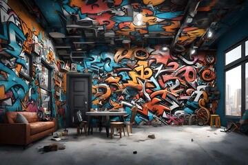 Fototapeta premium an edgy 3D rendering of a home wall transformed into a cinematic urban street art scene. 