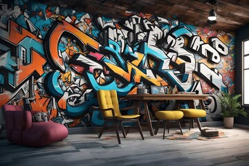 an edgy 3D rendering of a home wall transformed into a cinematic urban street art scene. 