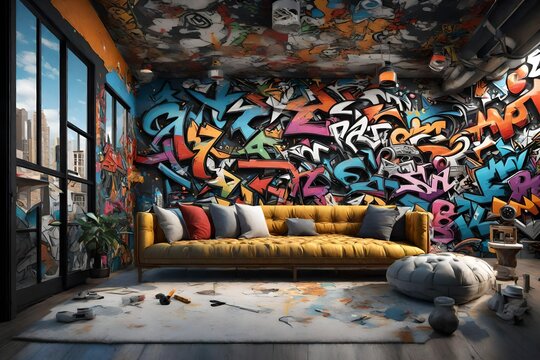 Naklejki an edgy 3D rendering of a home wall transformed into a cinematic urban street art scene. 