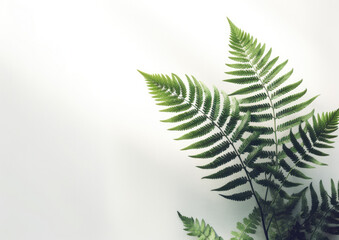 Beautiful fragile New Zealand Fern branch and fond, on a clear background, with dappled light and shadows, and bright sunshine, shot on a macro lens. The fern branch casts a shadow on the wall. - obrazy, fototapety, plakaty