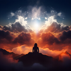 silhouette woman meditating on the mountain surrounded by clouds, heaven, meditation practice