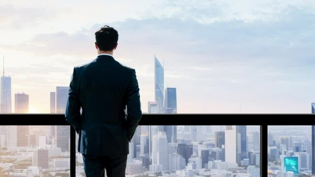 Business man overlooking city skyline background from office 