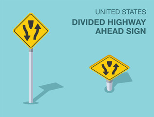 Traffic regulation rules. Isolated United States divided highway ahead sign. Front and top view. Flat vector illustration template.