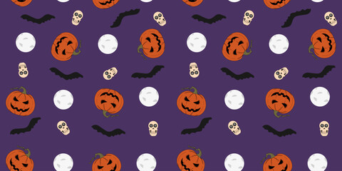 Halloween concept with Creepy cartoon Skull, Pumpkin and Bat. Seamless pattern with Jack lantern in retro trendy flat style. Design wrapping paper. Vector illustration.