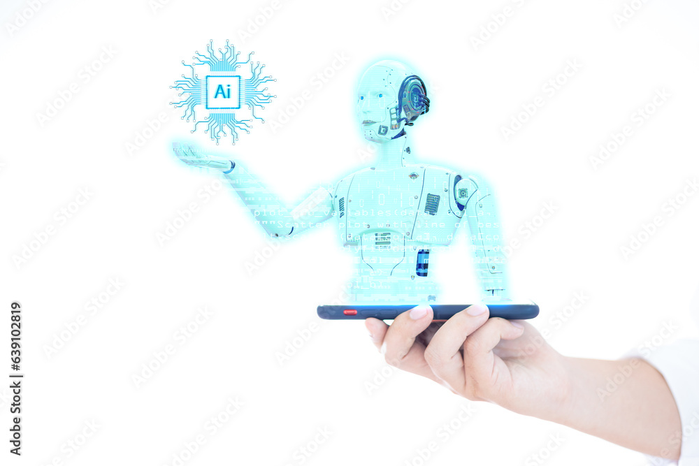 Poster intelligent artificial intelligence ai concept the use of ai in business businessman hand holding sm