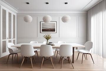 Stylish dining room interior design with modern white table, wooden chairs around a parquet. 3D rendering