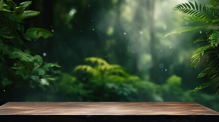 Misty jungle background with empty wooden table for product display, bokeh lights, green foliage, copy space ,Generative AI