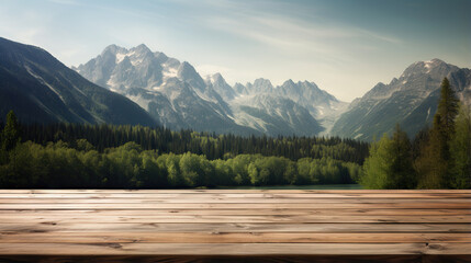 Old wood desk or wood floor for product display with mountain view and lake background - obrazy, fototapety, plakaty