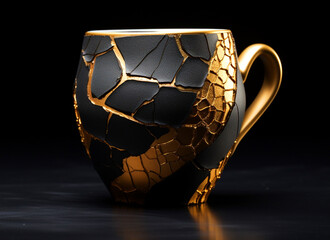 Fototapeta na wymiar A black kintsugi cup with a handle on a dark background. Kintsukuroi Gold Repair Pottery Art. The Japanese cultural art of broken pot repair.