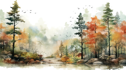 watercolor background autumn rain in forest.  - obrazy, fototapety, plakaty