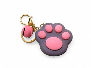A toy key chain in the shape of a paw with a bell isolated on white