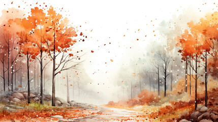 Naklejka na ściany i meble watercolor background autumn rain in forest. 