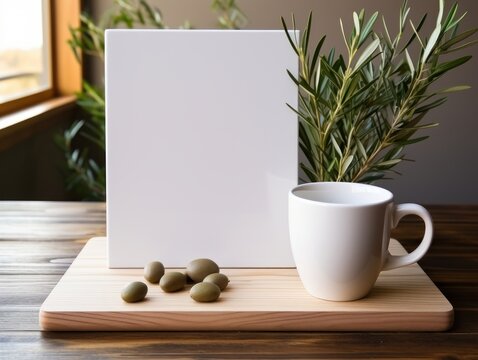 Breakfast still life. Cup of coffee, books and empty picture frame mockup on wooden desk, table. Vase with olive branches. Elegant working space, home office concept.