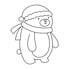 Cute bear in hat and scarf. Funny outline illustration for coloring book