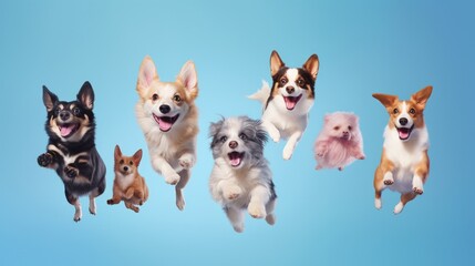Young dogs jumping, playing, flying. Cute doggies or pets are looking happy isolated on colorful or gradient background. Studio. Creative collage of different breeds of dogs. Flyer for your ad