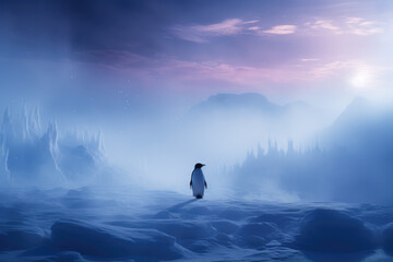 Imaginary, Misty, and Cloudy Atmosphere: Penguin in a Dreamlike Setting. Generative AI