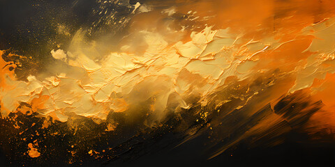 Abstract golden painting, the golden explosion, golden paint overload on solid black background, Generative AI