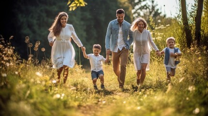 Fototapeta premium Young family with children having fun in nature