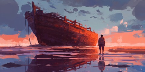 A man standing in a river with his shipwreck against the background of the sky upside down, digital art style, illustration painting - obrazy, fototapety, plakaty