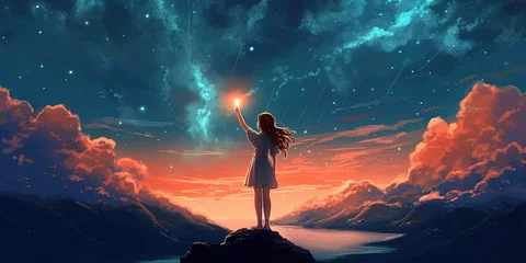 Foto op Plexiglas A young girl standing during the day reaching out to grab a star in the night dimension, digital art style, illustration painting © Svitlana