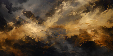 Naklejka premium Abstract golden painting, the golden explosion, golden paint overload on solid black background, Generative AI