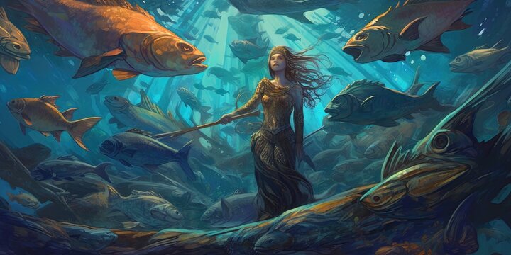 A man holding a mermaid confronts a group of legendary fish under the sea, digital art style, illustration painting
