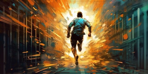 Back view of man running with motion effect, digital art atyle, illustration painting