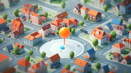 Poster Geofencing technology. A stylized, miniature city model with a large geo pin prominently placed. The use of geofencing in urban areas for marketing, security, and logistics. Generative AI © TensorSpark
