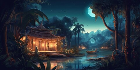 Beautiful landscape of garden at night with big crescent moon, digital art style, illustration painting
